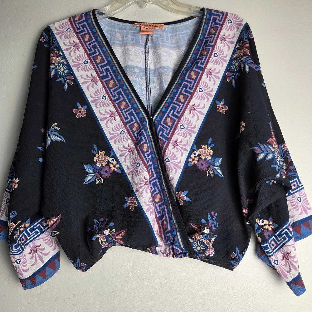 Flying Tomato Black Floral Geometric Faux Wrap Cropped Dolman Sleeve Top XS